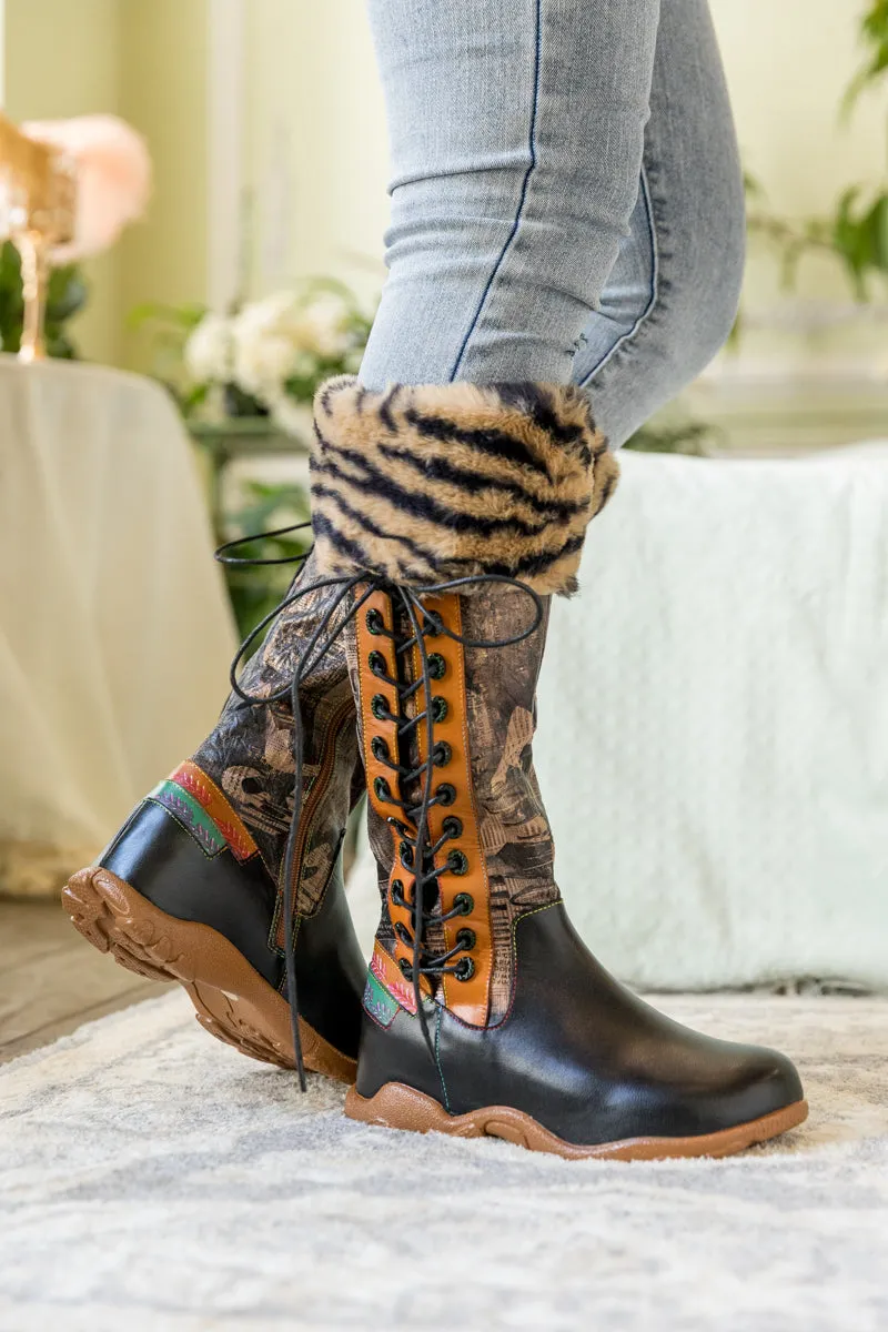 Tiger Pattern Fur Circum Leather Tie-Accent Boot