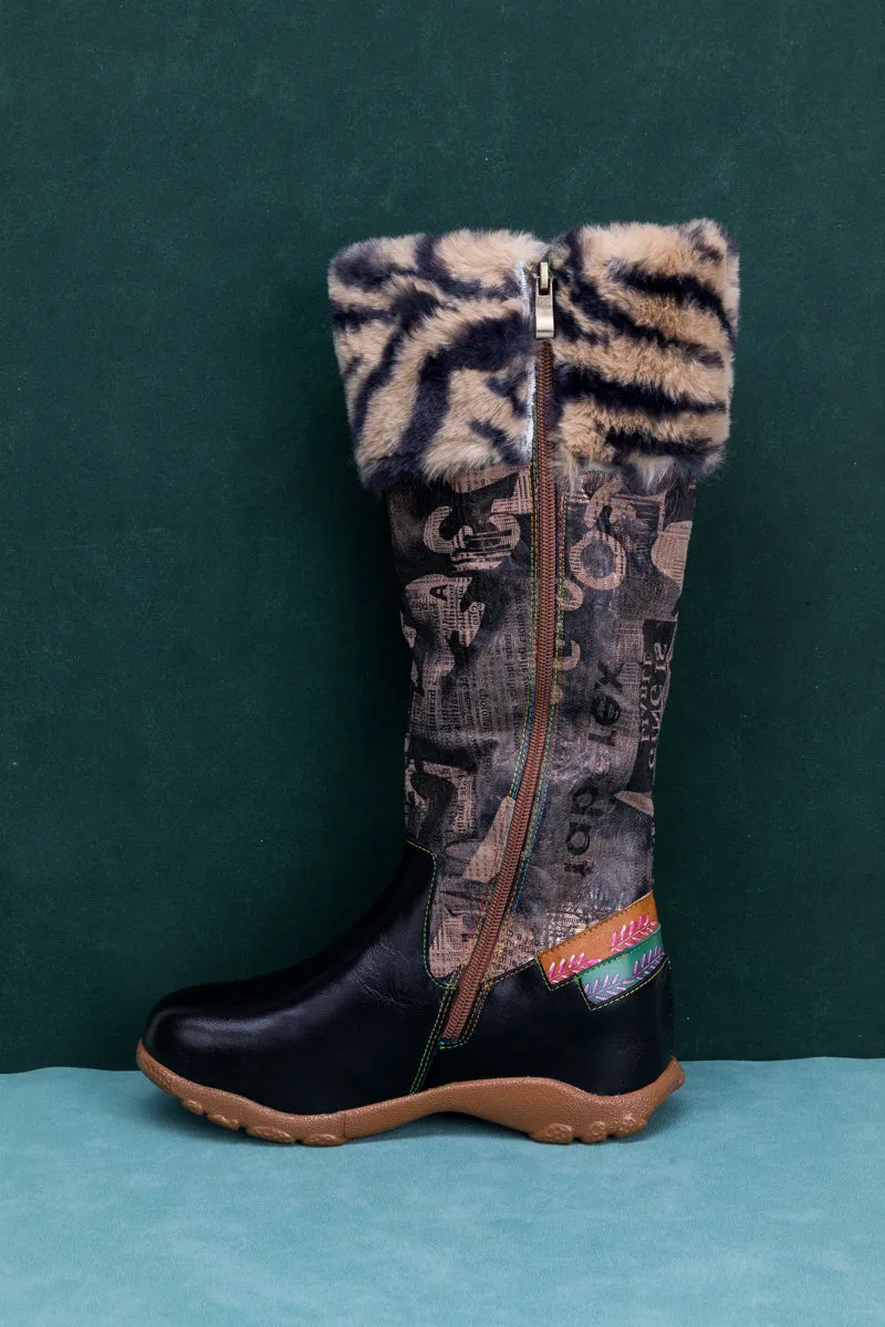 Tiger Pattern Fur Circum Leather Tie-Accent Boot