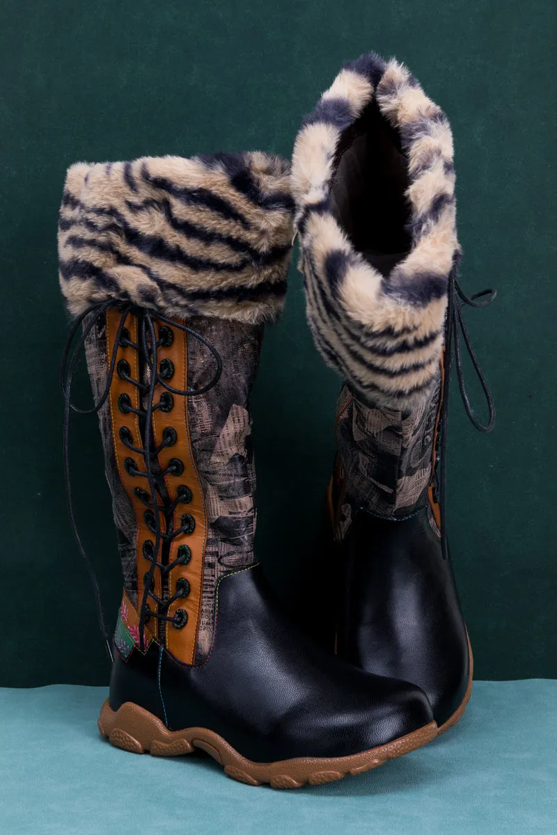 Tiger Pattern Fur Circum Leather Tie-Accent Boot
