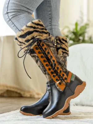 Tiger Pattern Fur Circum Leather Tie-Accent Boot