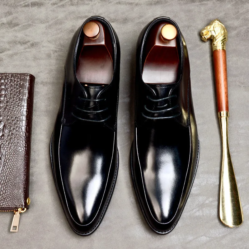 Top Layer Cowhide Men's Leather Shoes Men's Leather Business Leather Shoes Lace-up Low-Top Pointed Wedding Shoes Men's Formal Shoes23101