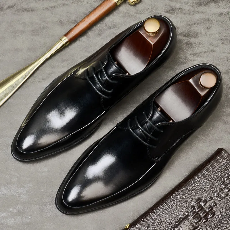 Top Layer Cowhide Men's Leather Shoes Men's Leather Business Leather Shoes Lace-up Low-Top Pointed Wedding Shoes Men's Formal Shoes23101