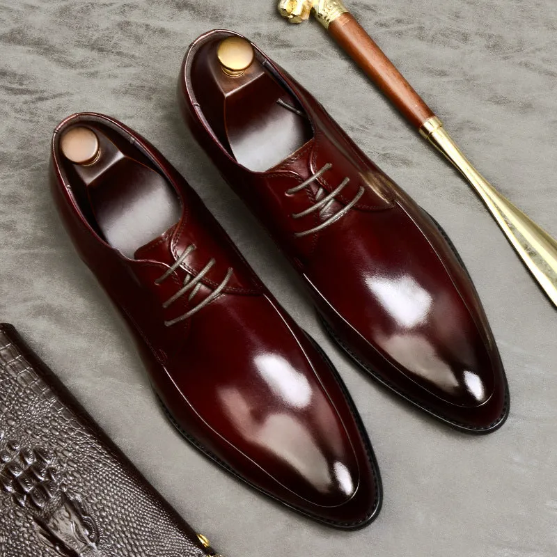 Top Layer Cowhide Men's Leather Shoes Men's Leather Business Leather Shoes Lace-up Low-Top Pointed Wedding Shoes Men's Formal Shoes23101