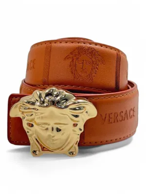 Versace-Inspired Brown Leather Belt – Gold Medusa Head Buckle