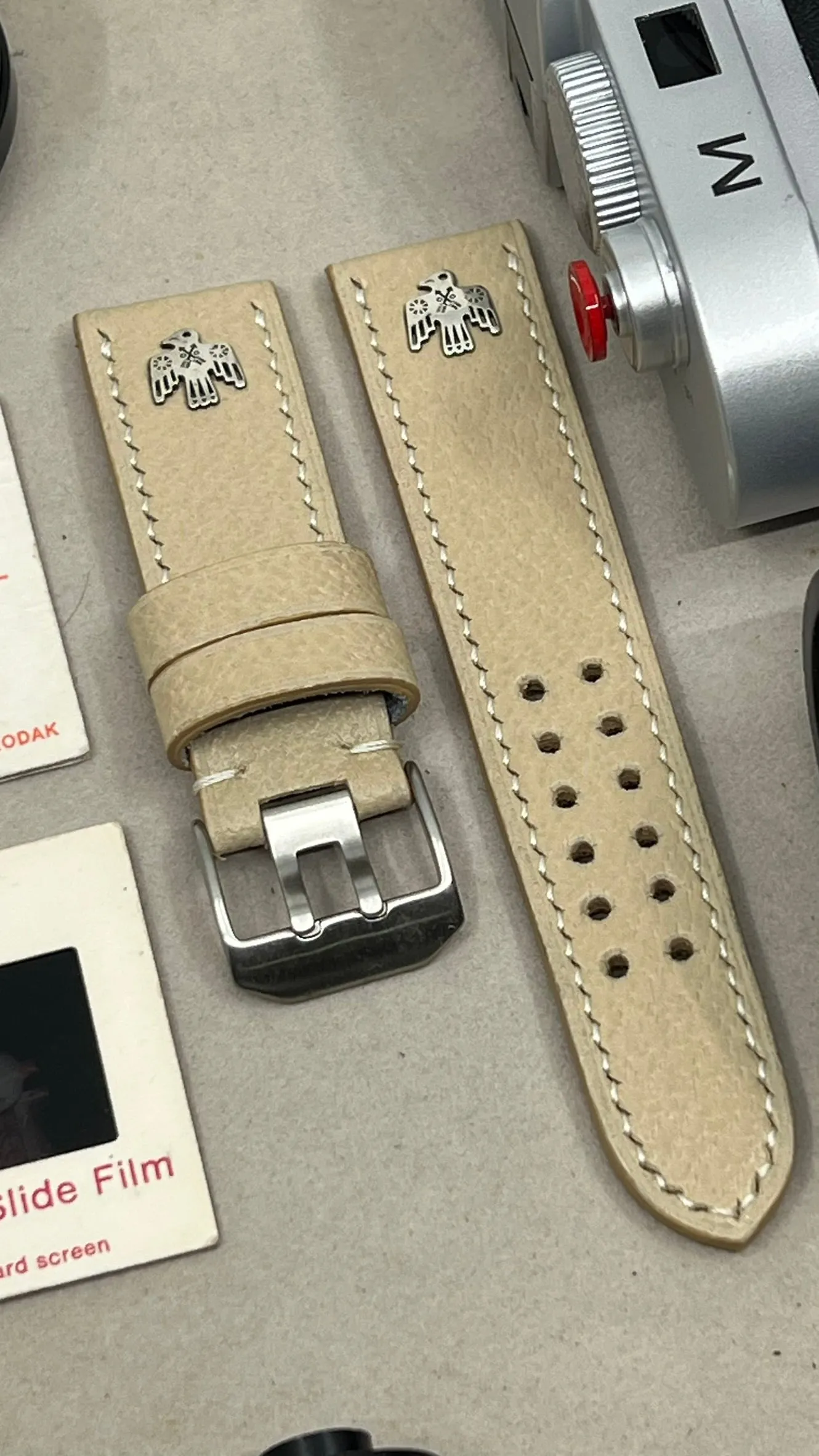 Watch Straps 24mm 26mm, Beige Leather Watch Band in double pin watch buckle, Hawk Sterling Silver 925 pin, Wristwatch Band, Watchstrap replacement