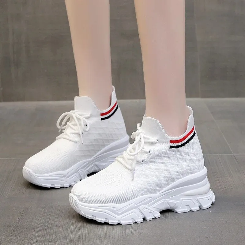 Women 8cm Height Increasing Walking Lace Sporty Shoes