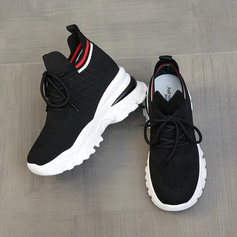 Women 8cm Height Increasing Walking Lace Sporty Shoes