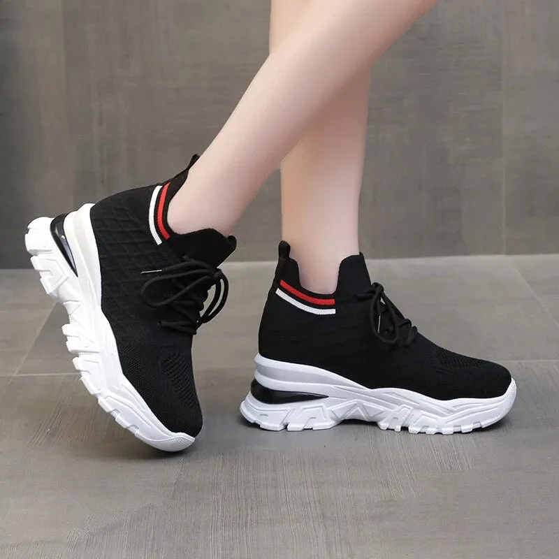 Women 8cm Height Increasing Walking Lace Sporty Shoes