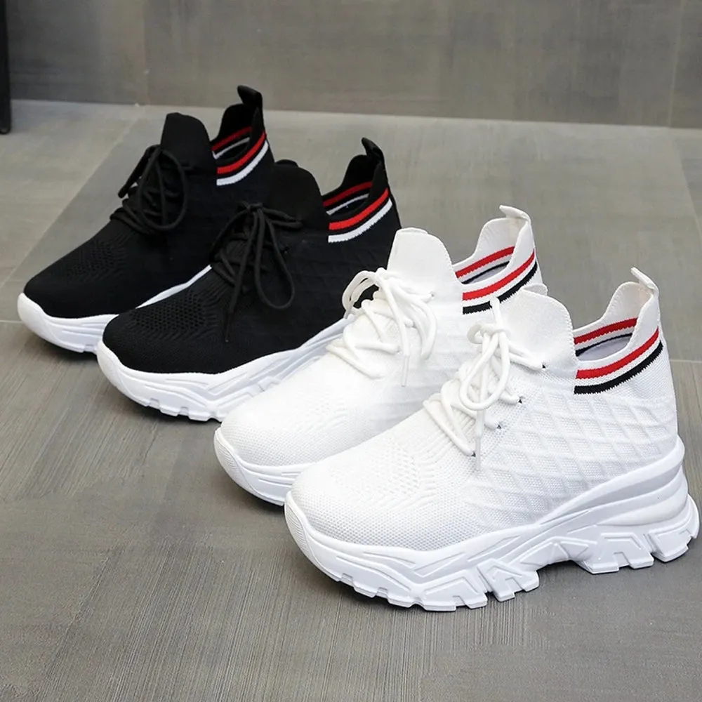 Women 8cm Height Increasing Walking Lace Sporty Shoes