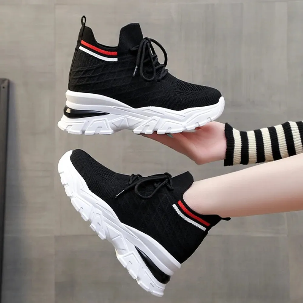 Women 8cm Height Increasing Walking Lace Sporty Shoes