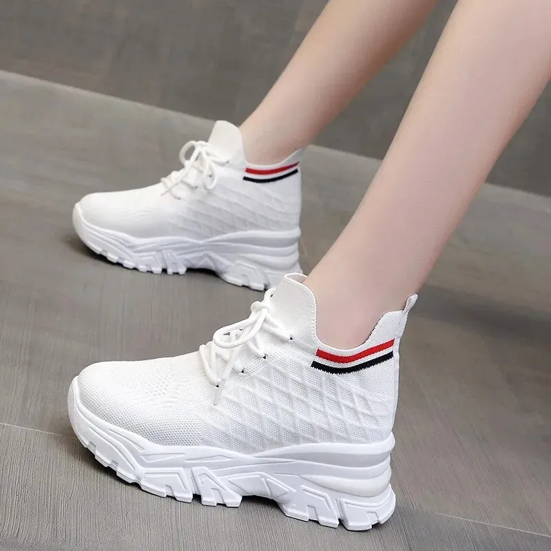 Women 8cm Height Increasing Walking Lace Sporty Shoes