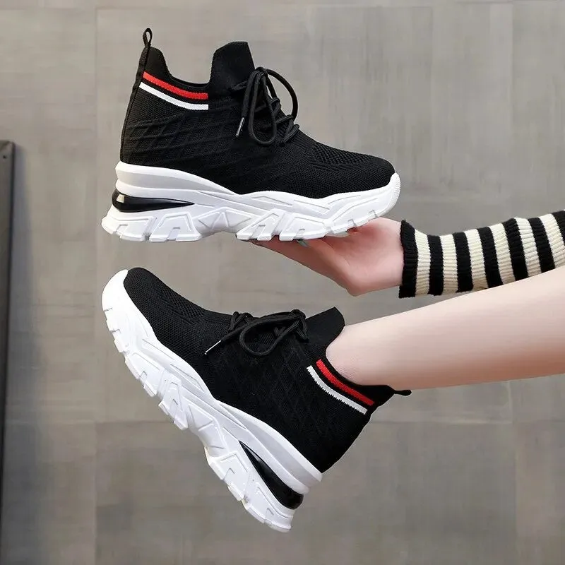 Women 8cm Height Increasing Walking Lace Sporty Shoes