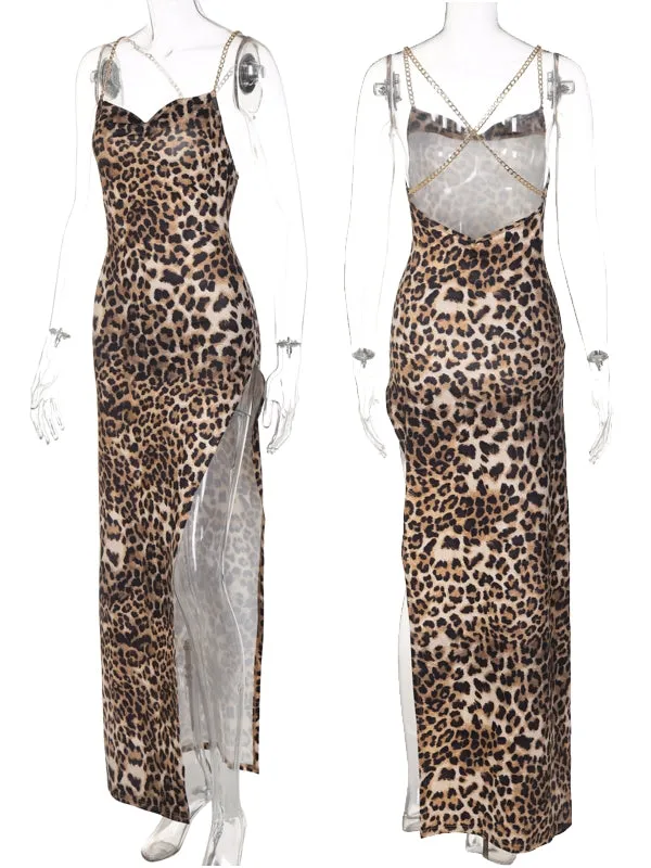 Women Chain Strap Side Slit Leopard Print Maxi Dress