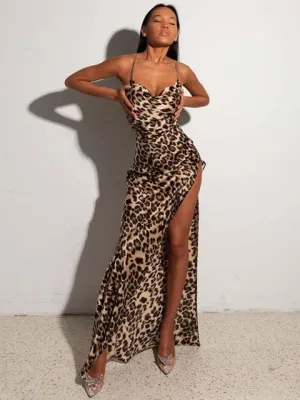 Women Chain Strap Side Slit Leopard Print Maxi Dress