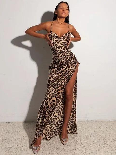Women Chain Strap Side Slit Leopard Print Maxi Dress