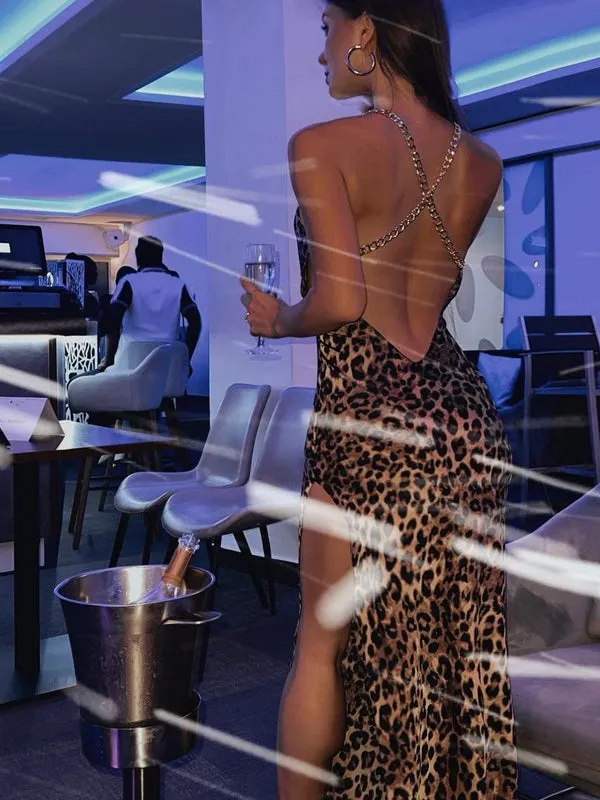 Women Chain Strap Side Slit Leopard Print Maxi Dress