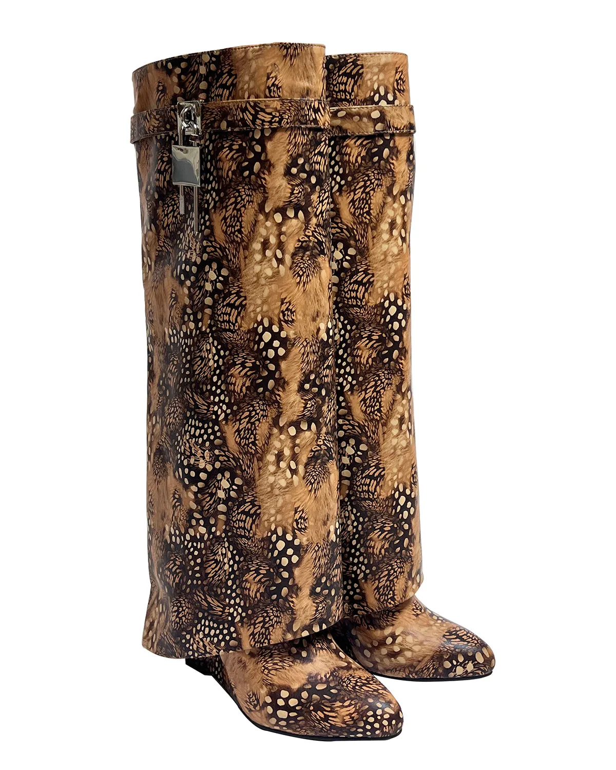 Women leopard texture wedge knee high pants boots