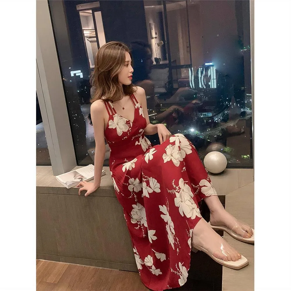 Women Sexy Backless Dress Summer Bohemian Floral Print Long Dresses Femal Plus Size V-Neck Vestidos