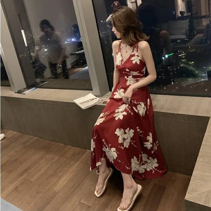 Women Sexy Backless Dress Summer Bohemian Floral Print Long Dresses Femal Plus Size V-Neck Vestidos