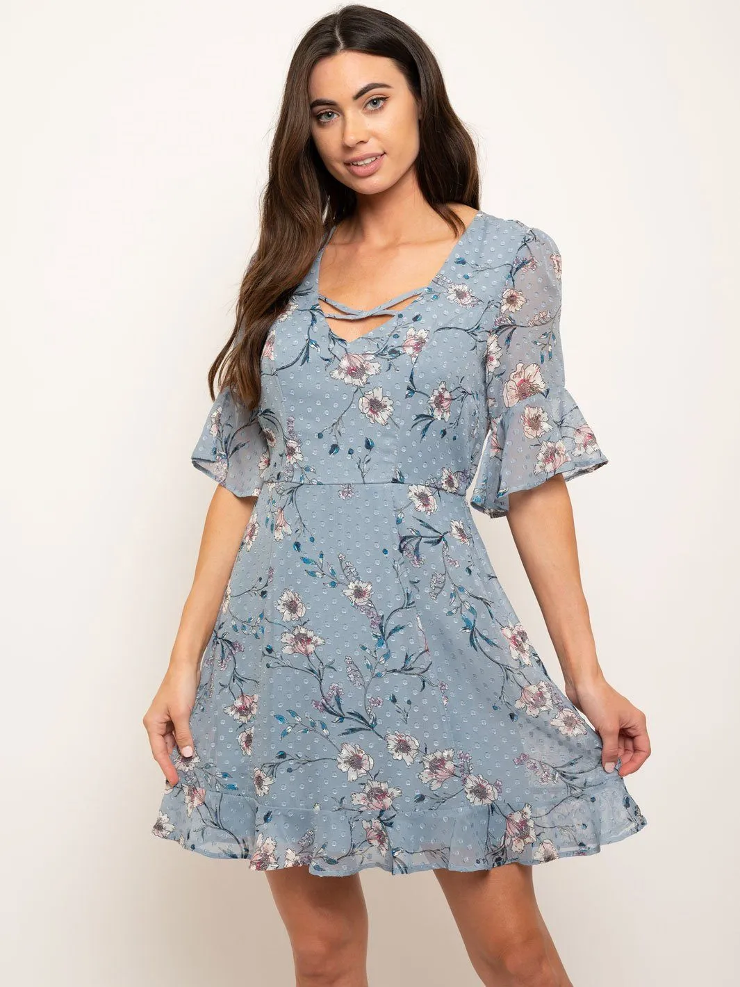 WOMEN'S RUFFLE SLEEVES FLORAL MINI DRESS