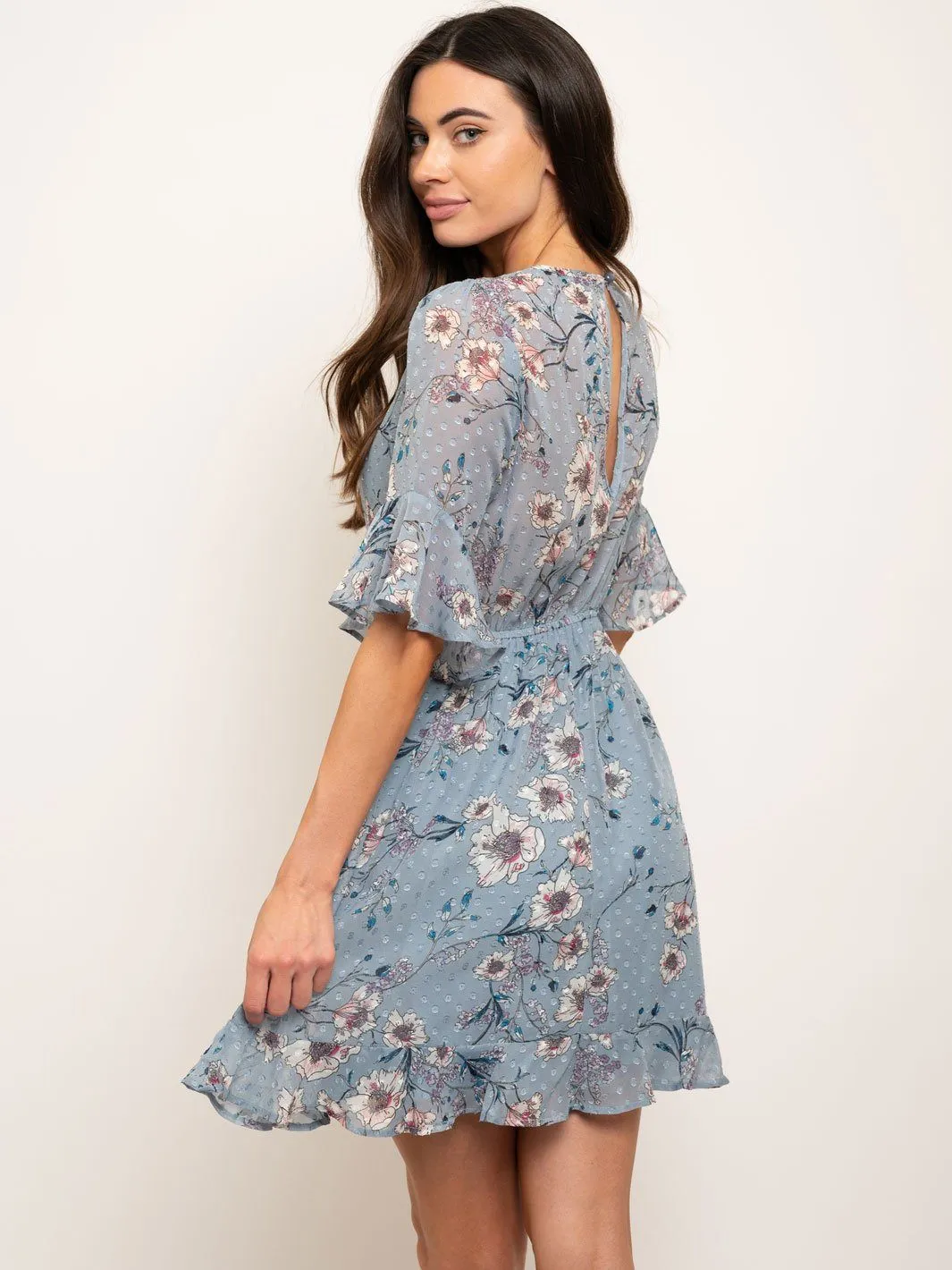 WOMEN'S RUFFLE SLEEVES FLORAL MINI DRESS