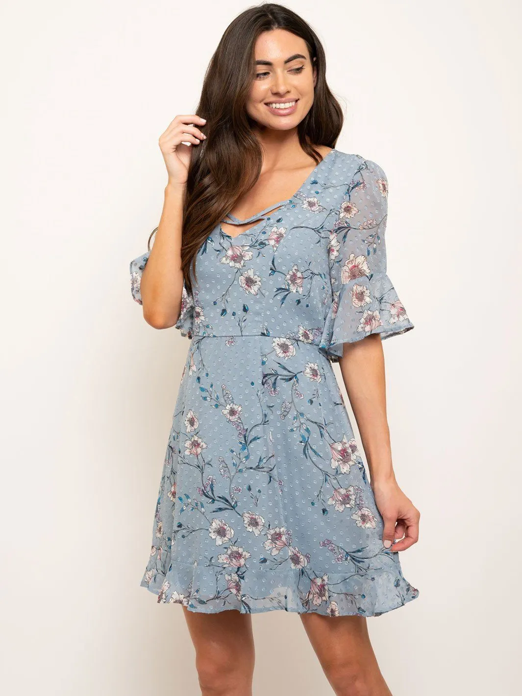 WOMEN'S RUFFLE SLEEVES FLORAL MINI DRESS