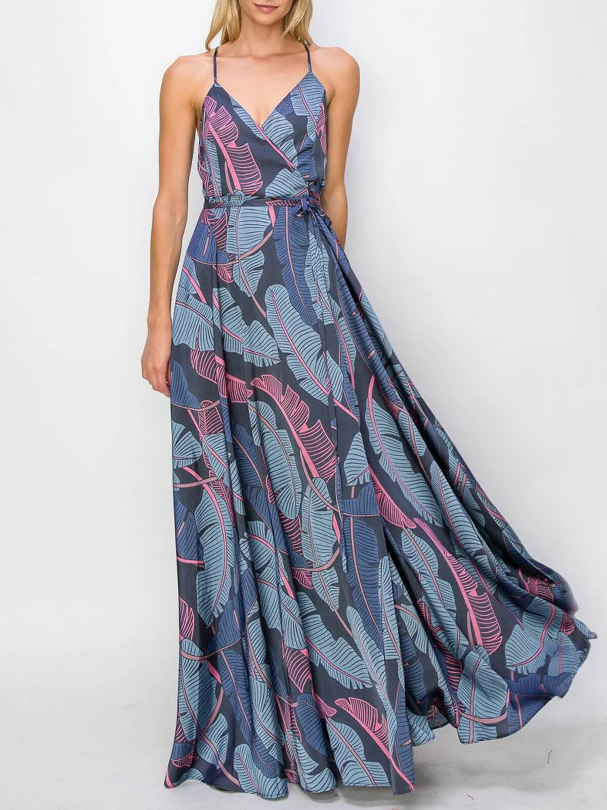WOMEN'S SLEEVELESS LEAF PRINT WRAP MAXI DRESS
