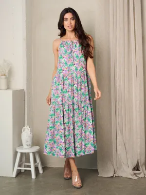 WOMEN'S SLEEVELESS TIERED FLORAL MIDI DRESS