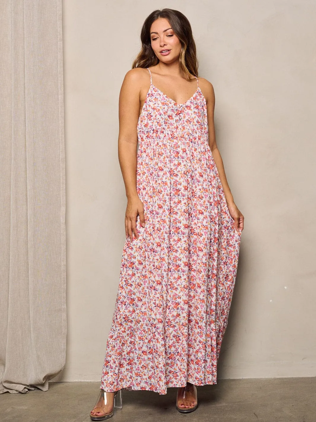 WOMEN'S SLEEVELESS V-NECK FLORAL MAXI DRESS