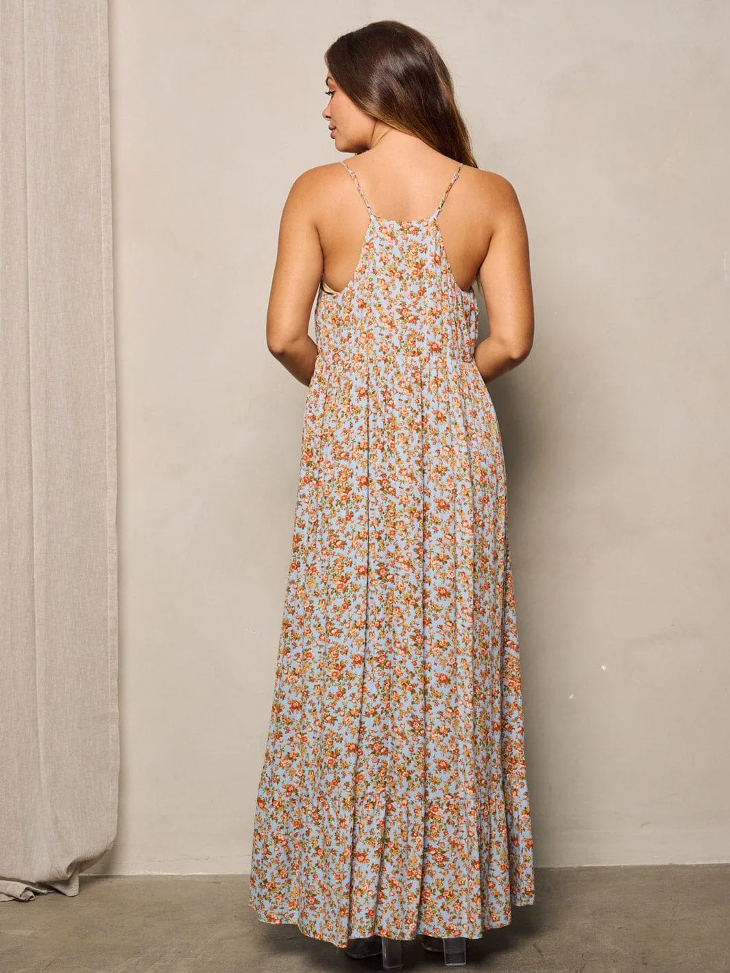 WOMEN'S SLEEVELESS V-NECK FLORAL MAXI DRESS