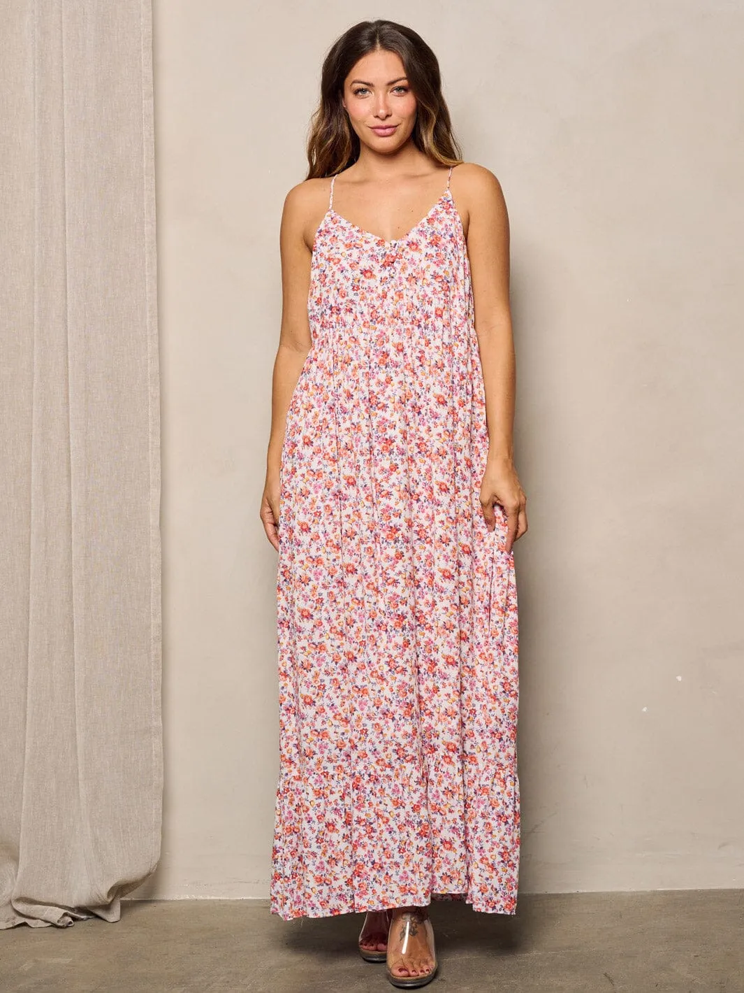 WOMEN'S SLEEVELESS V-NECK FLORAL MAXI DRESS