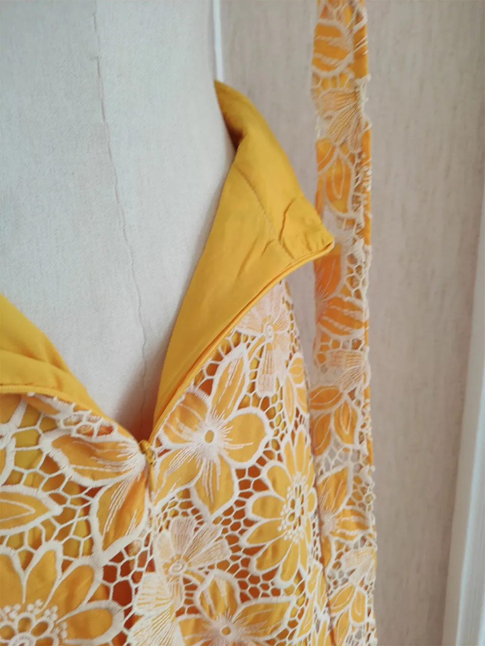 Yellow Lace Flower Halter Backless Swing Dress